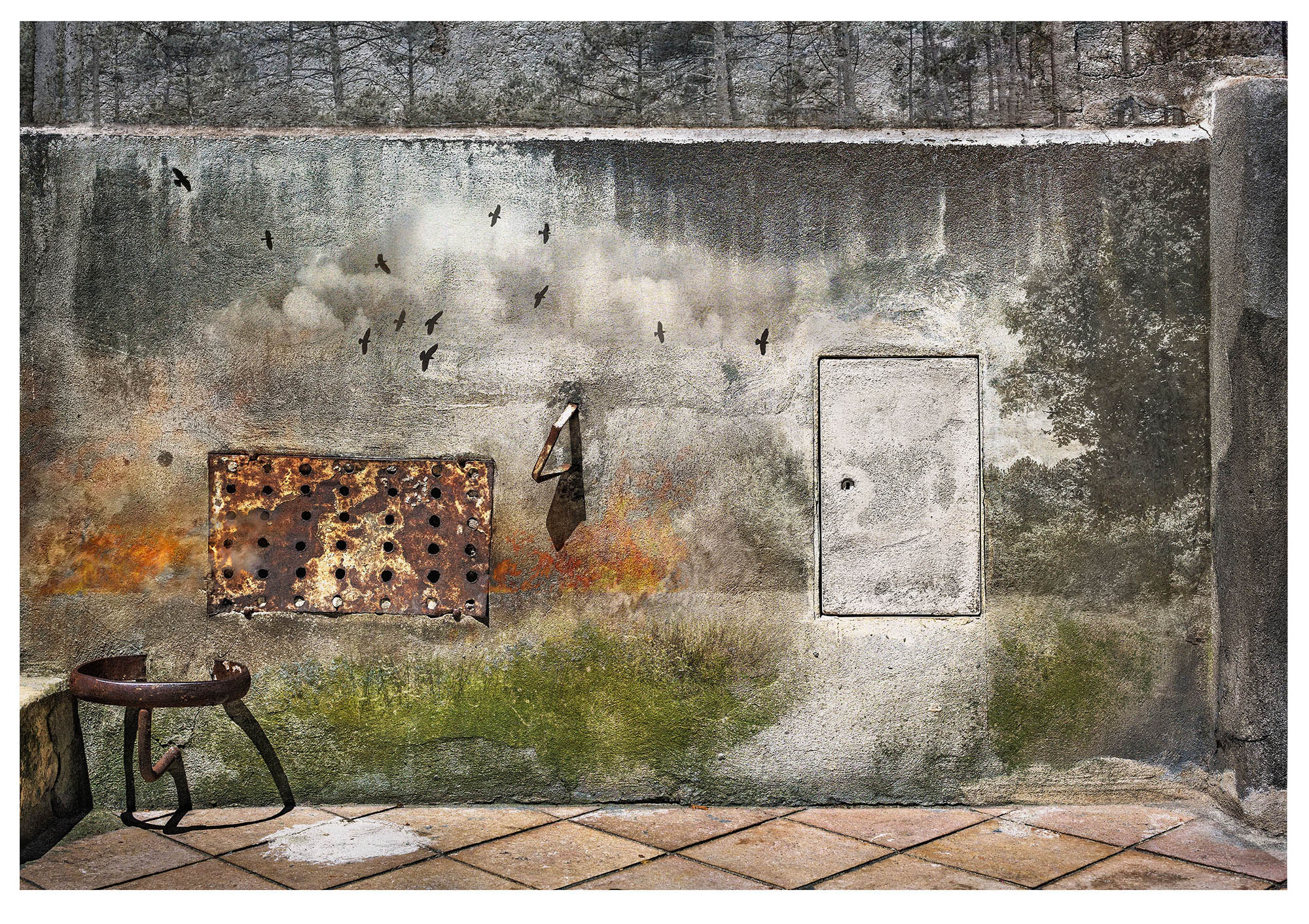 4th in series: wall overlaid with forest fire- a mysterious metal door in the wall suggesting a way out.