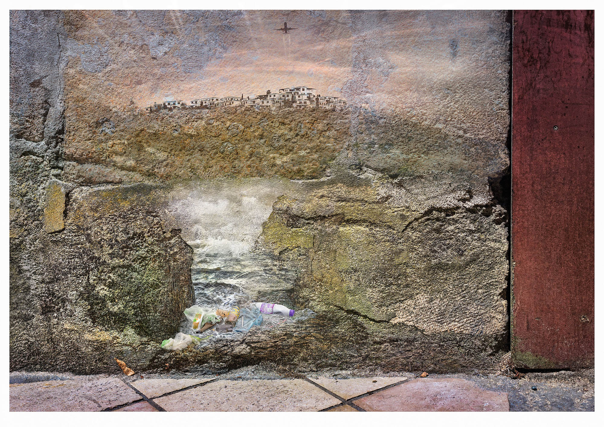 Composite photograph of weathered wall part painted blue, bottom right black and dirty.A building site with cranes, two deer sky and a fingerprint have been added to create an urban landscape image to criticise human involvment