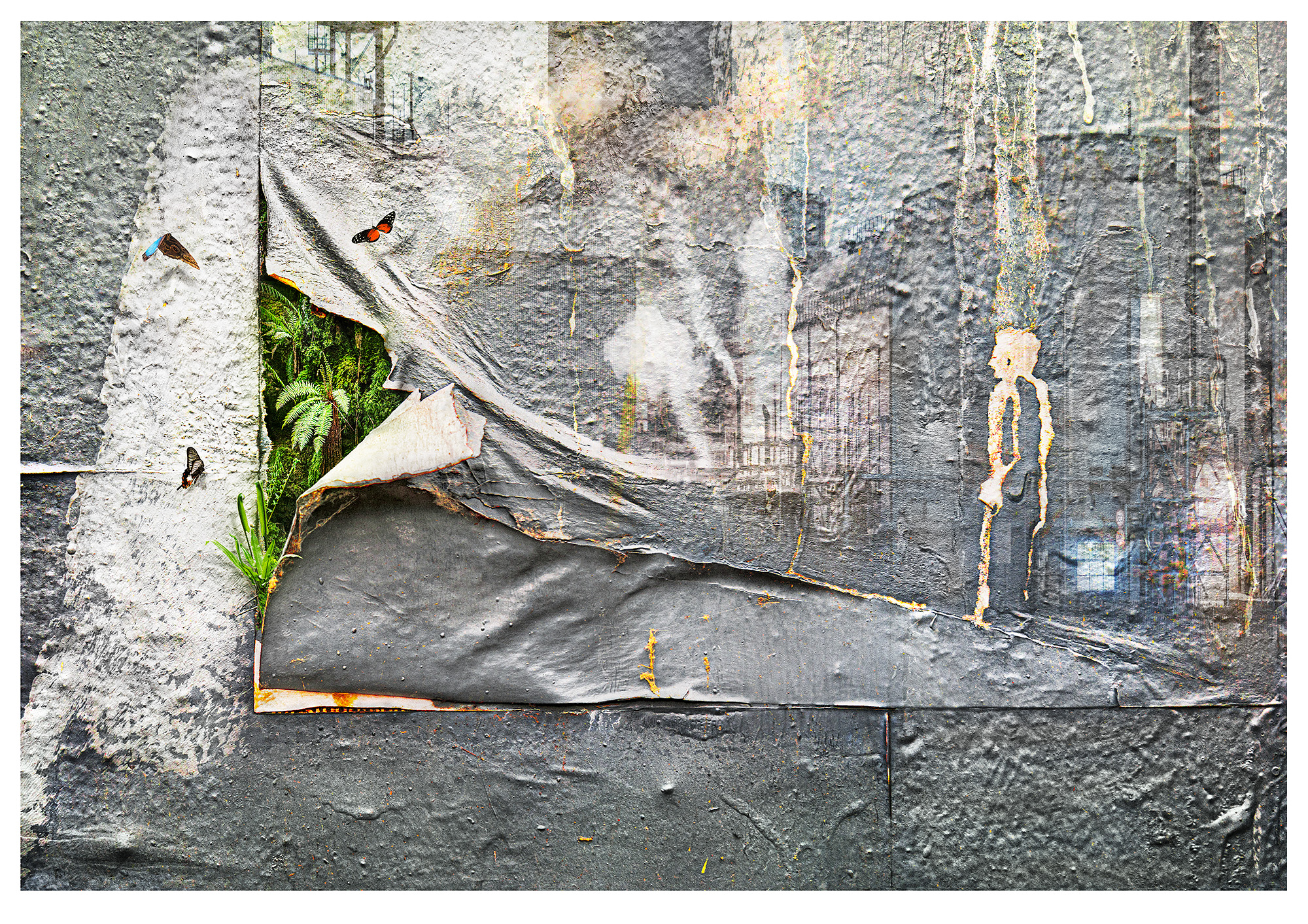 Composite photograph of textured wall with some peeling paper. Poking from the peeling are exotic lush green plants, whilst being overlooked by the form of a man made from dripped paint. The main part of the wall has industrial buildings superimposed.